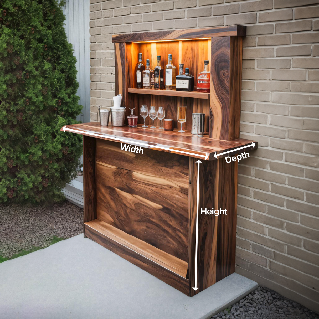 Live Edge Wall Mounted Outdoor Bar With Shelf And Lights For Patio Or Garden