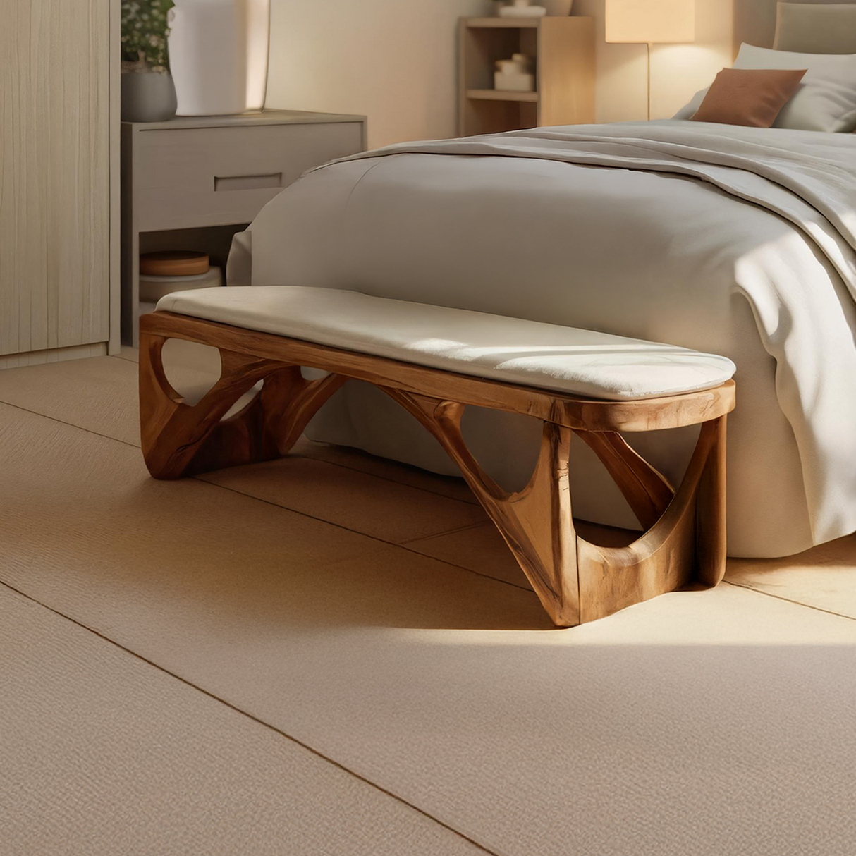 Minimalist Curved Wood Bench For End-of-Bed Design