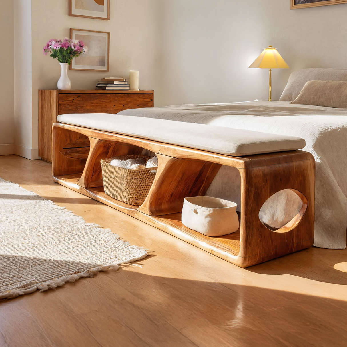 Mid Century Wood Bench For Warm Interior Spaces