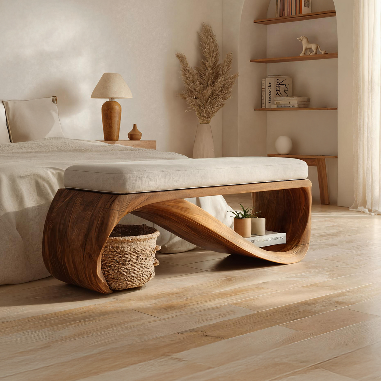 Mid Century Wooden Bench For End-of-Bed Placement