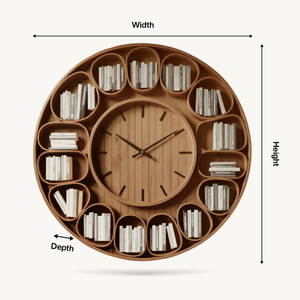 Contemporary Round Wall Bookshelf With Clock For Living Room And Home Office