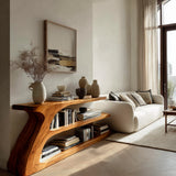 Modern Organic Wood Console Table With Shelf For Living Room