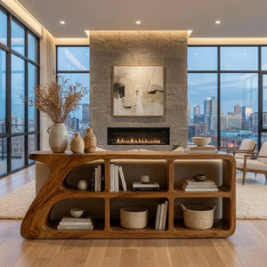 Organic Wood Console Table With Cubby Storage For Living Room