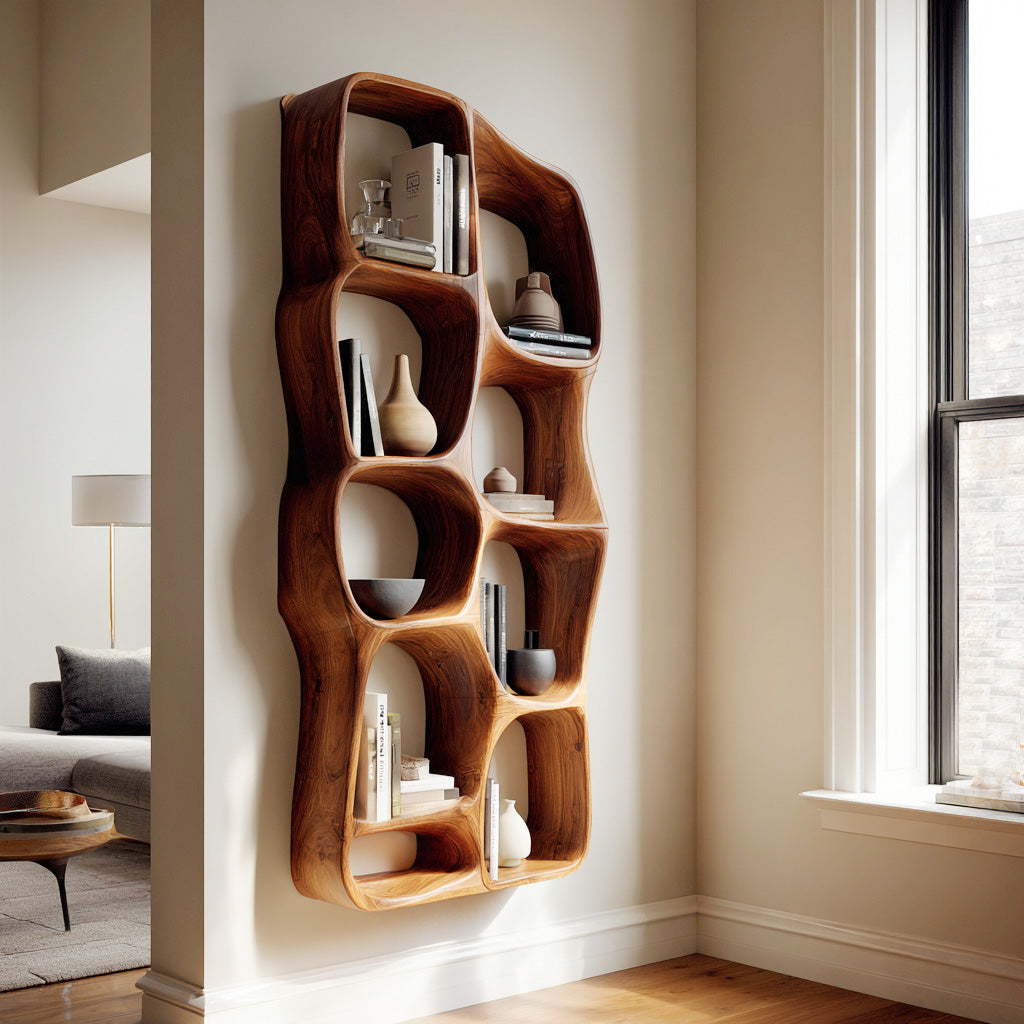 Modern Sculptural Wooden Wall Mounted Shelf For Living Room
