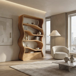 Modern Curved Wooden Bookshelf For Living Room