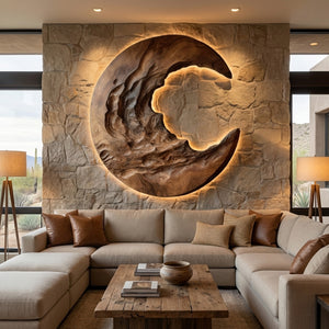 Organic Modern Crescent Wood Wall Art With Light For Living Room