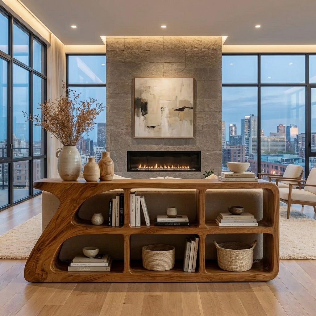 Organic Wood Console Table With Cubby Storage For Living Room