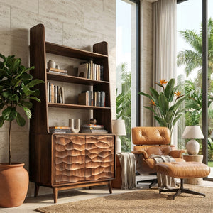 Modern Wooden Bookshelf With Carved Cabinet Doors For Home