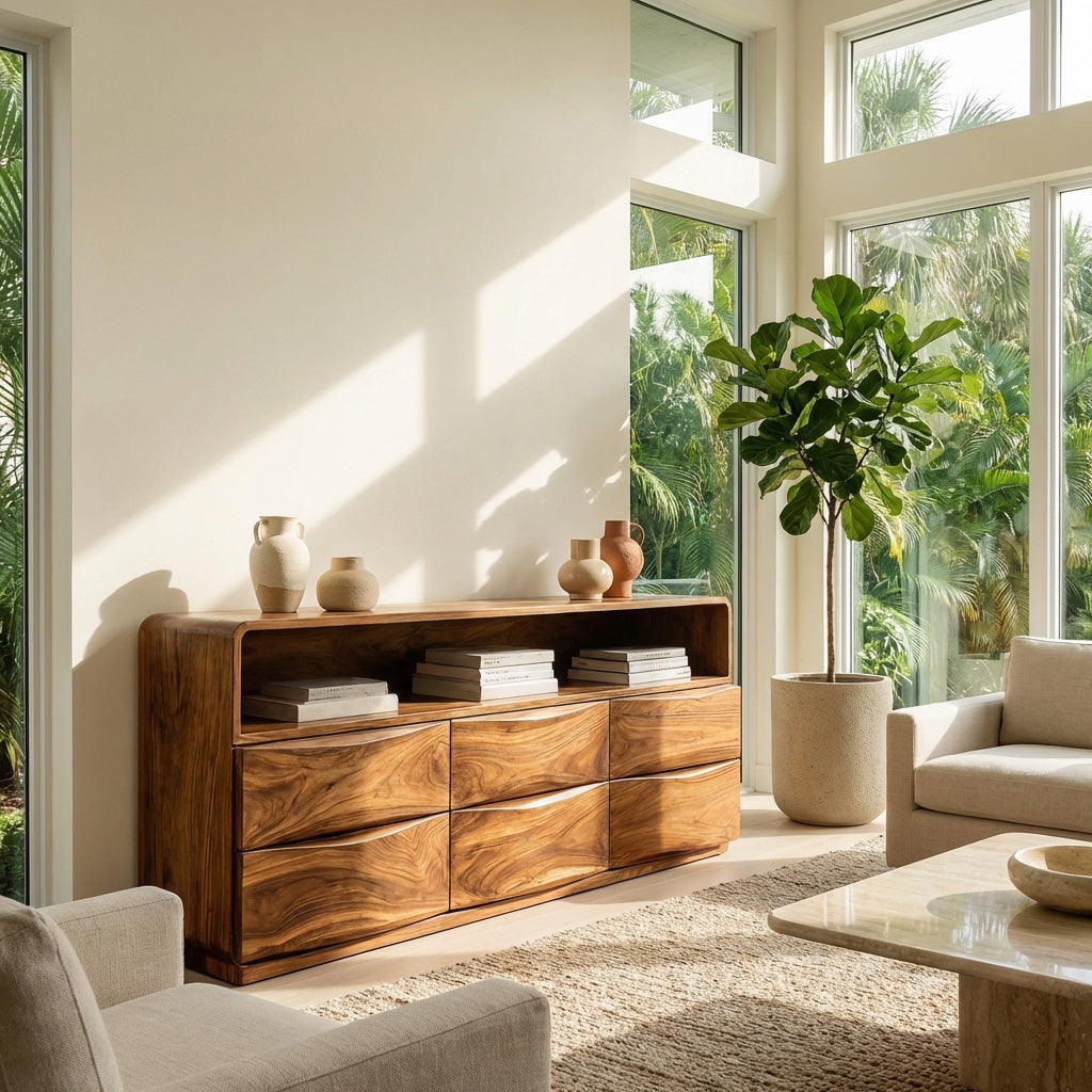 Mid Century Wooden Sideboard With Drawers For Living Room