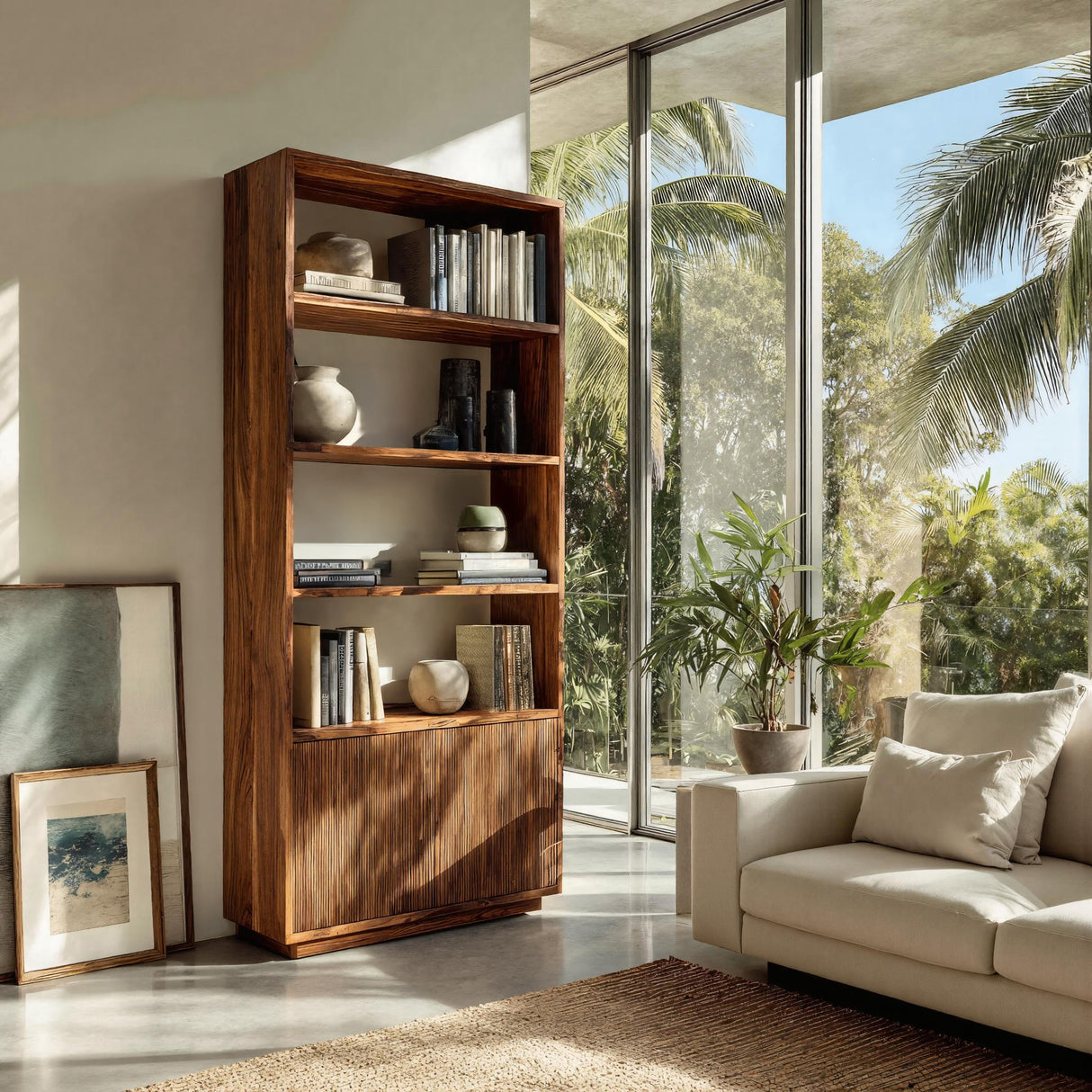 Minimal Wooden Bookcase For Coastal Living Room