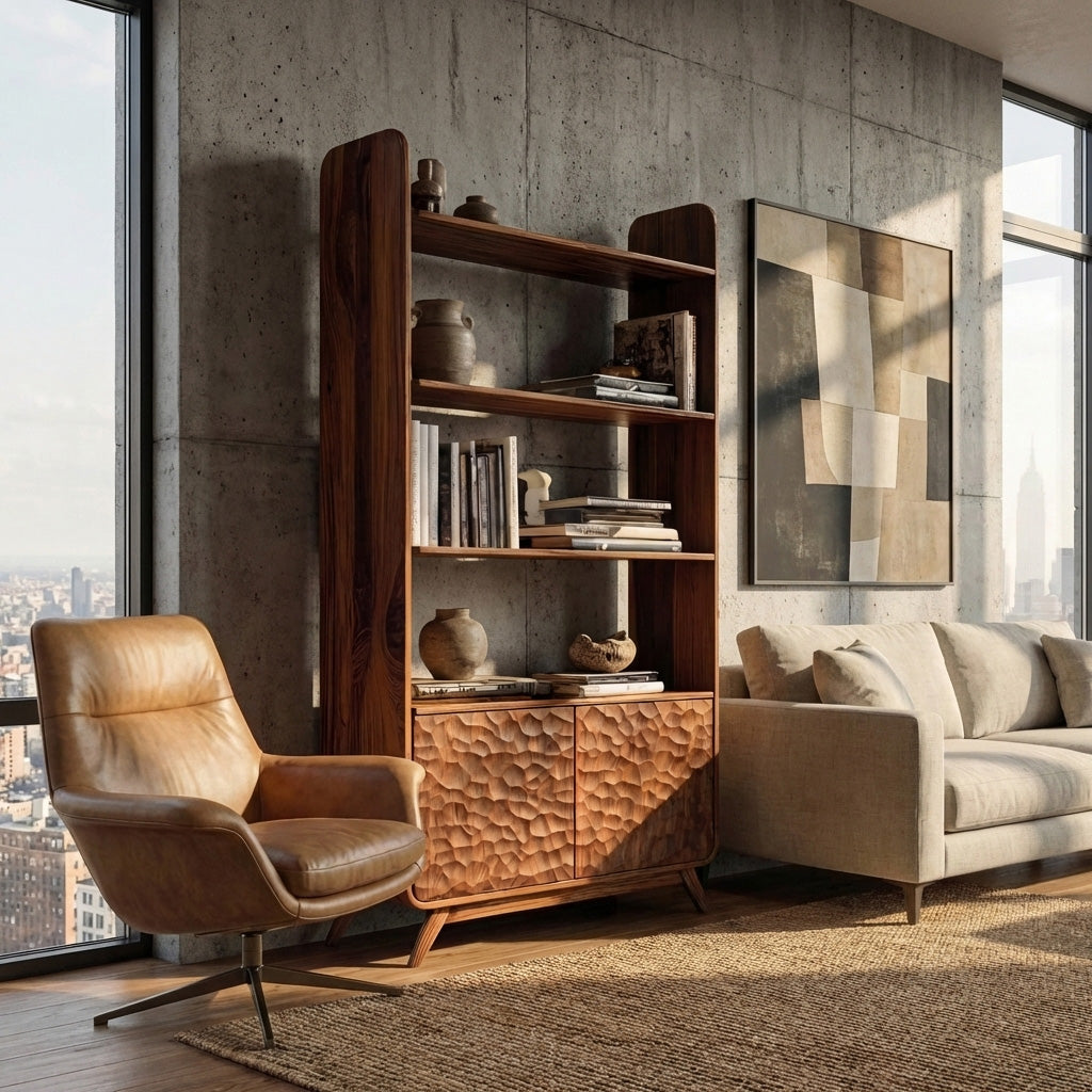 Luxury Solid Wood Bookshelf With Sculpted Door Panels