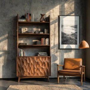 Sculpted Wood Bookcase With Drawers And Open Shelves