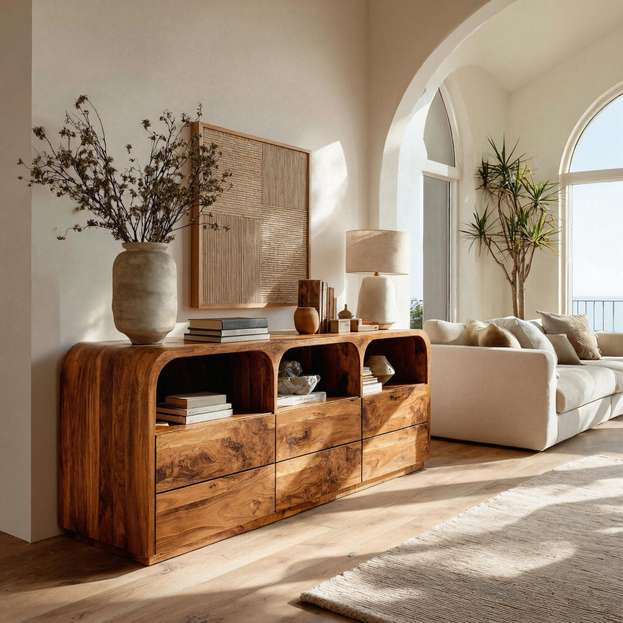 Modern Wood Sideboard With Curved Corners For Living Room