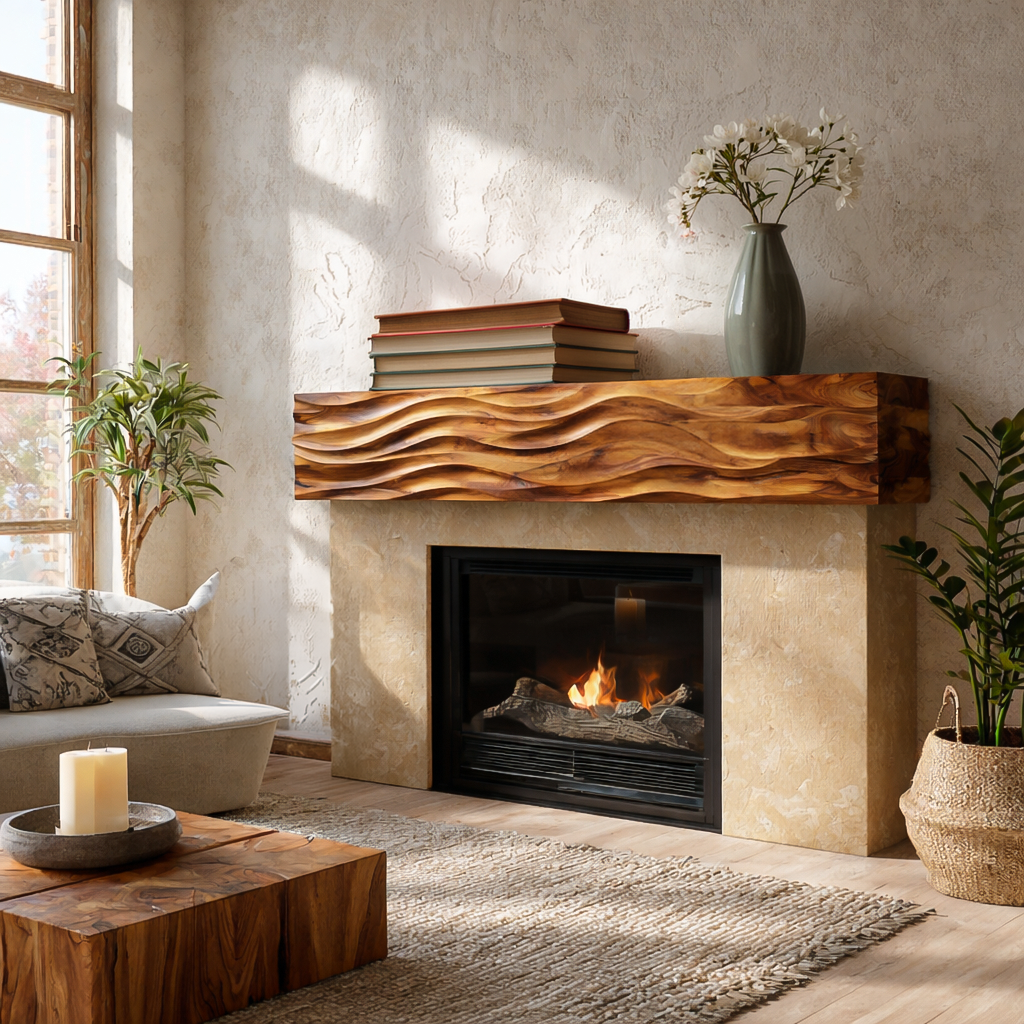 Rustic Wooden Fireplace Shelf With Wave Carved For Living Room