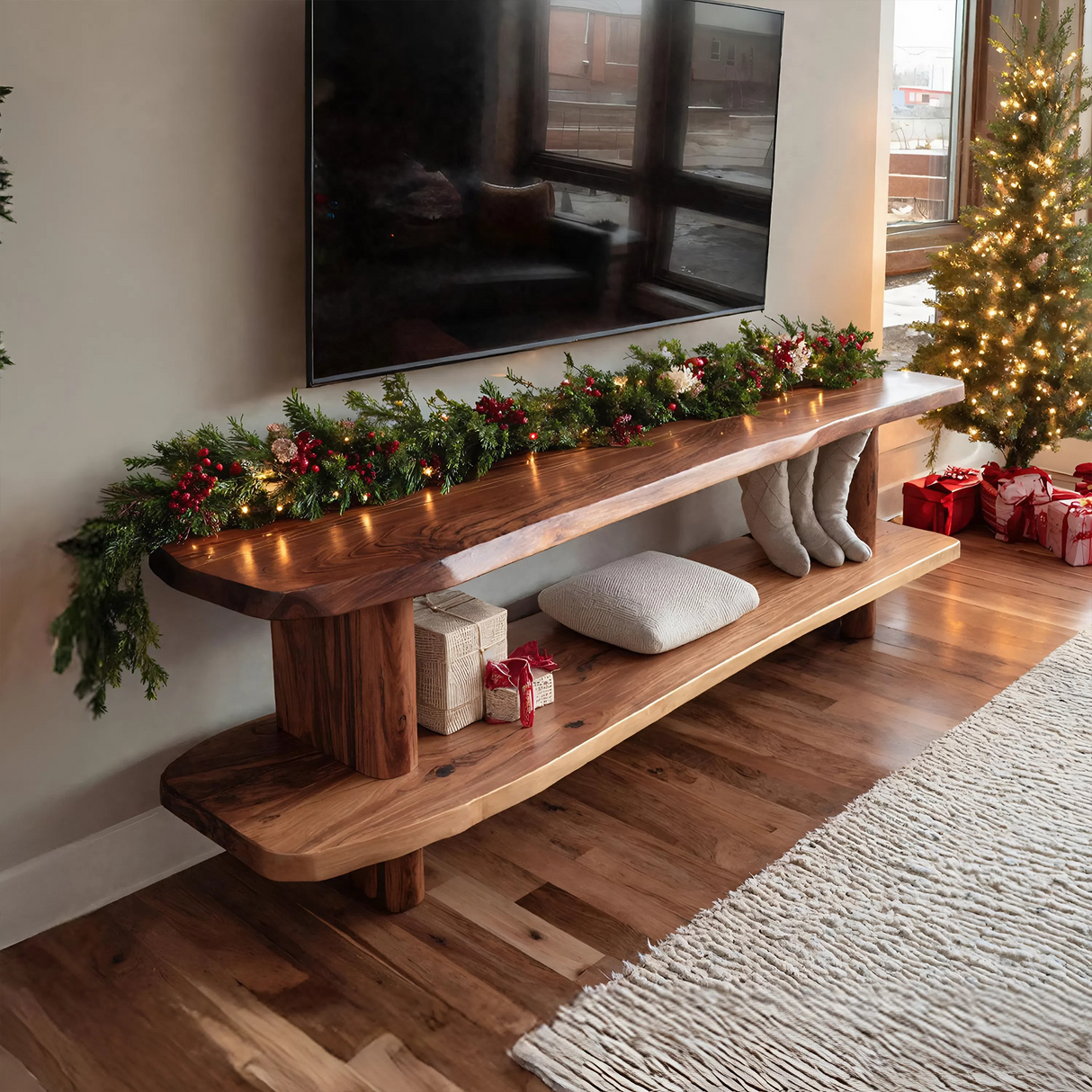 Handcrafted Live Edge Wooden TV Console For Holiday Bedroom Decor