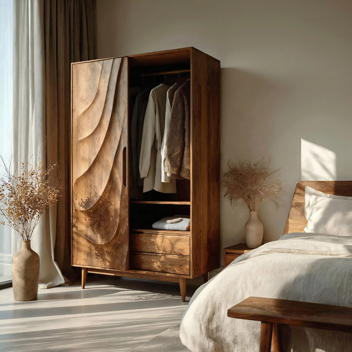 Modern Sculptural Wardrobe With Wave Doors For Bedroom