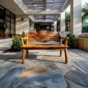 Outdoor Wood Bench With Wave Carved Backrest For Exterior