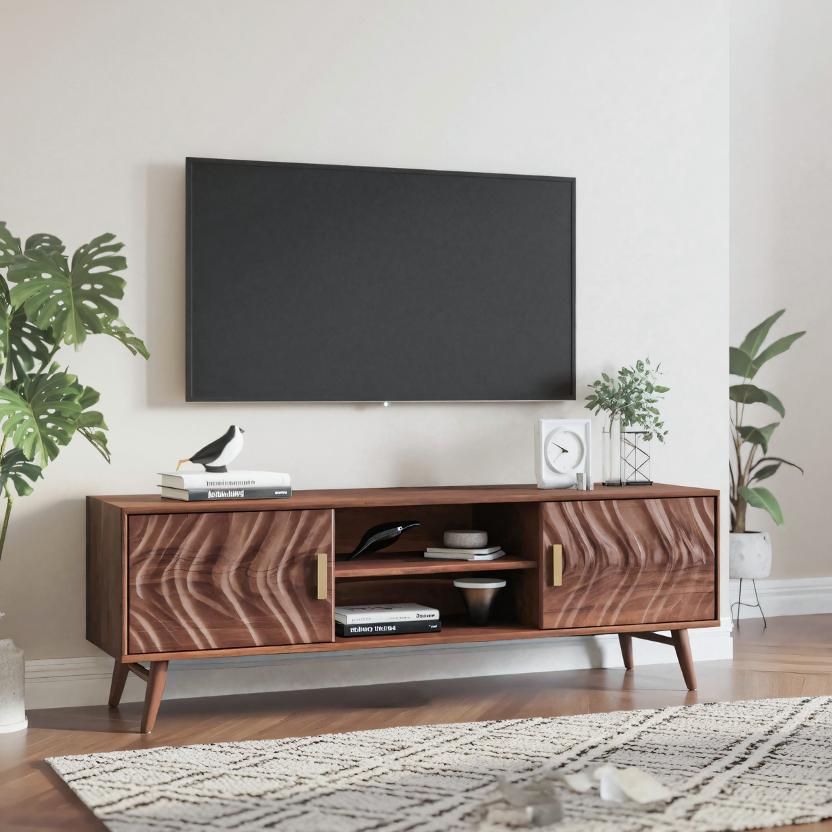 Mid Century TV Stand Wave Cabinet For Living Room And Media