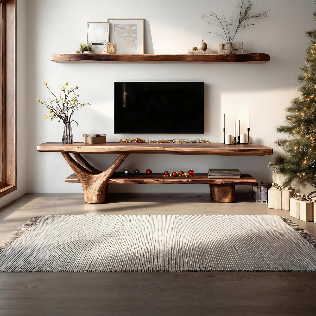 Handcrafted Wooden Live Edge TV Console For Holiday Entryway Design