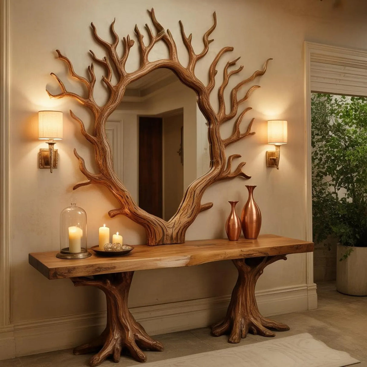 Artistic Tree Shaped Mirror And Console Table For Entryway