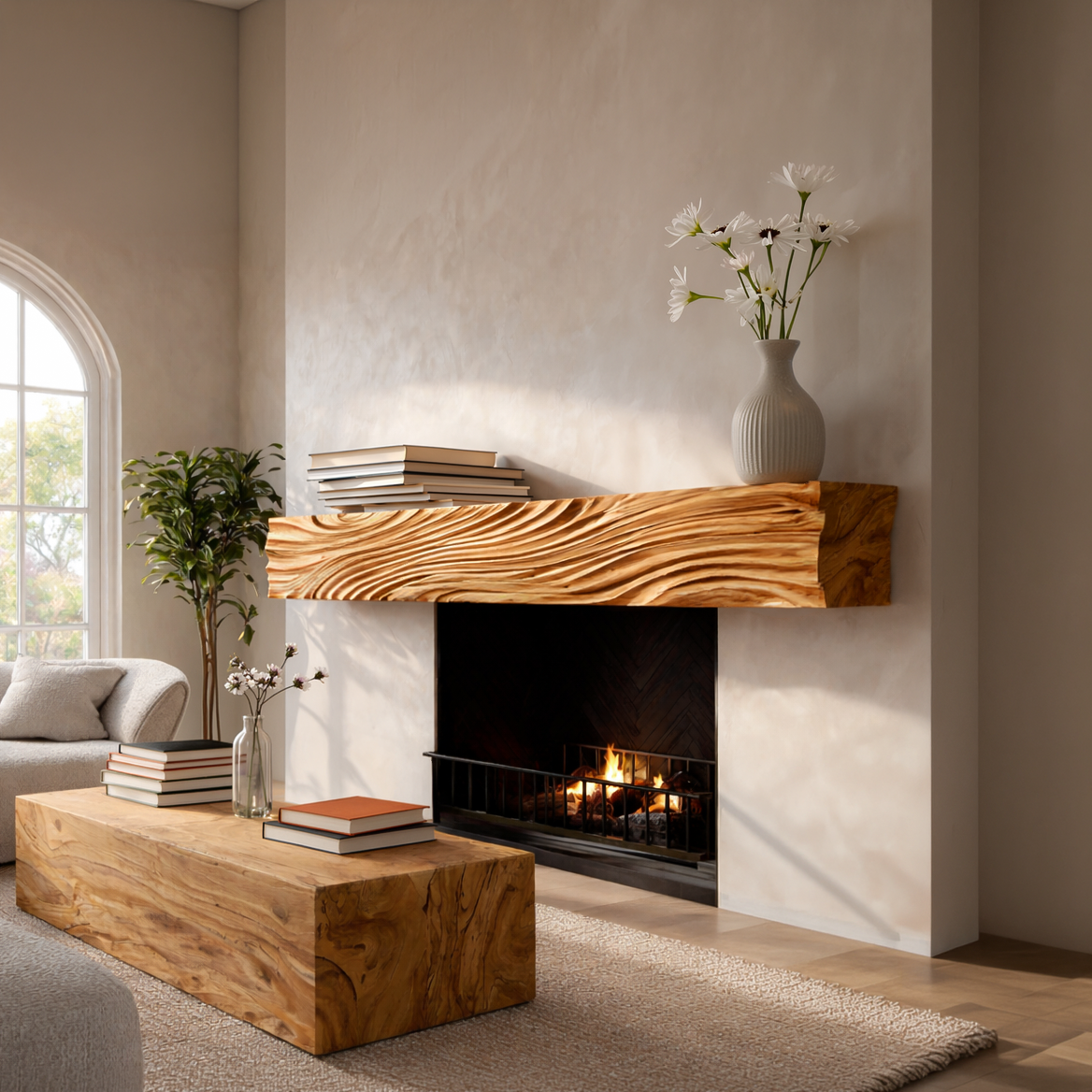 Rustic Fireplace Shelf With Wave Carved For Cozy Living Room