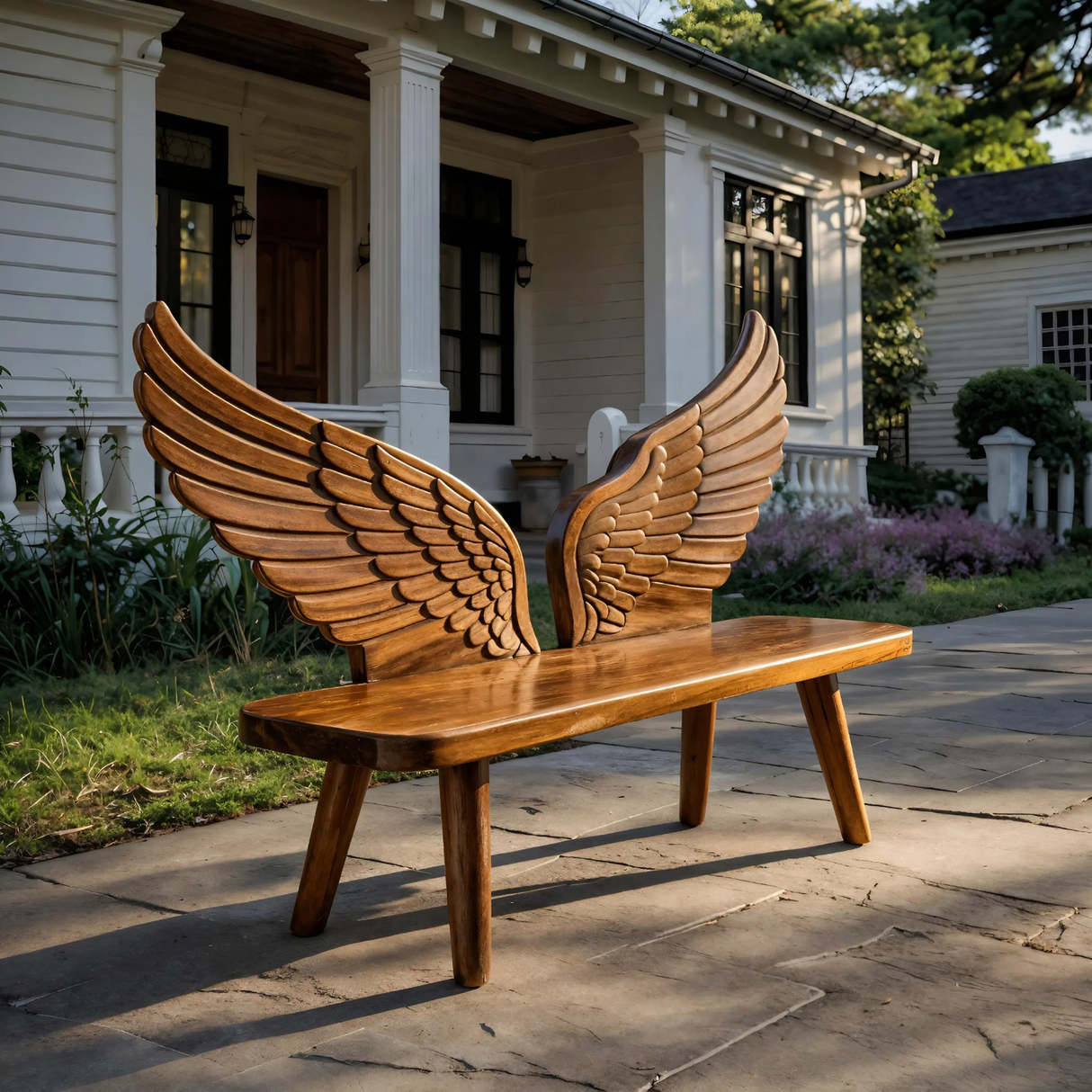 Modern Wood Bench With Wing Backrest For Exterior Seating