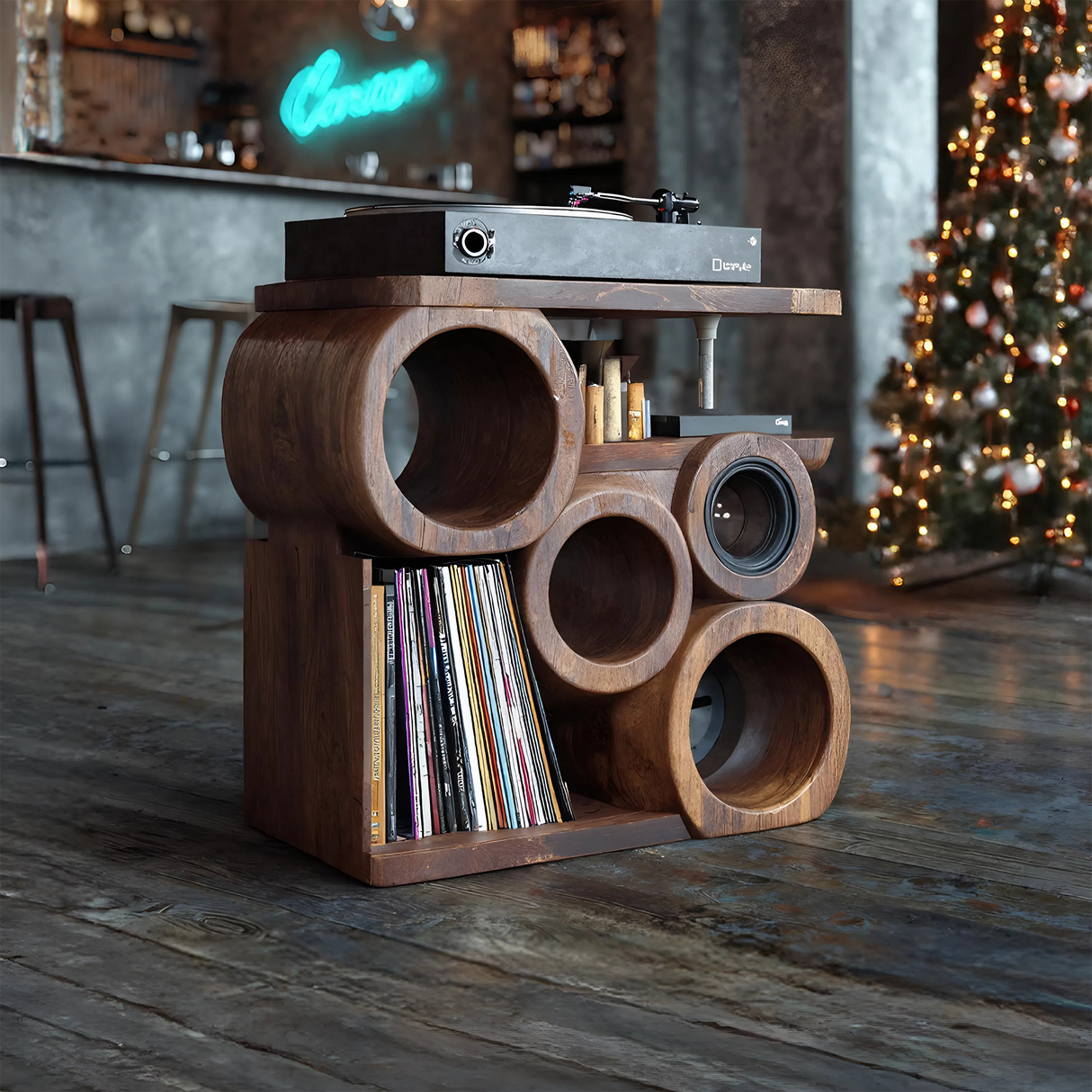 Farmhouse Solid Wood Record Stand For Rustic Christmas Home