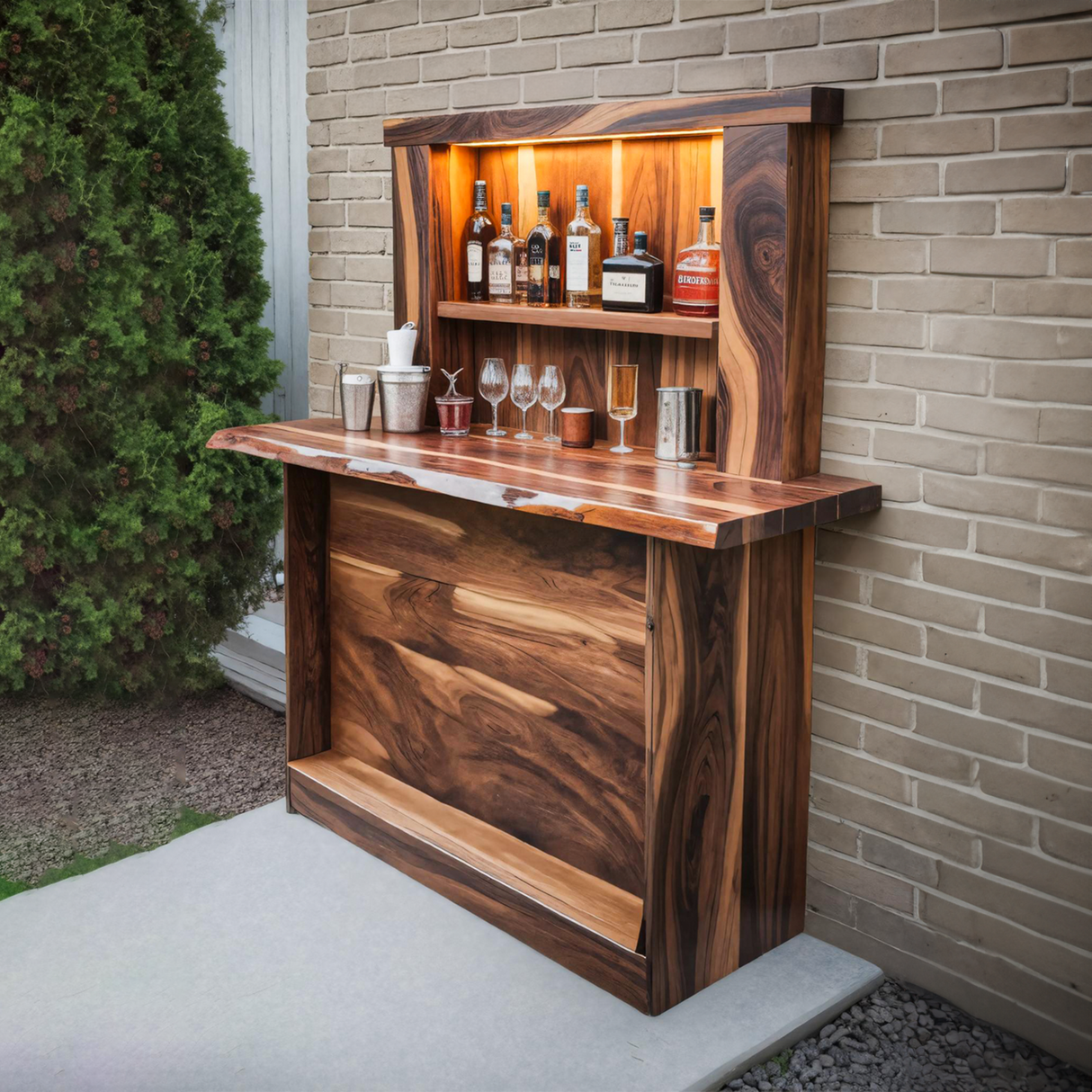 Live Edge Wall Mounted Outdoor Bar With Shelf And Lights For Patio Or Garden