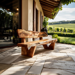 Handcrafted Outdoor Bench With Live Edge Backrest For Garden