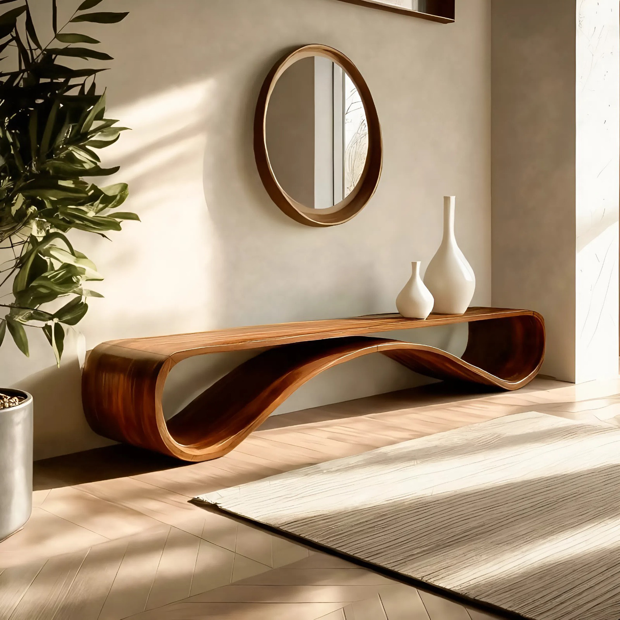 Contemporary Sleek Curved Bench For Entryway Or Home Decor