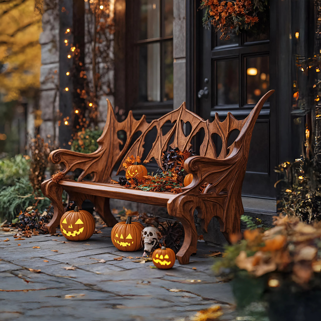 Mid Century Solid Wood Halloween Bench For Festive Outdoor Decor