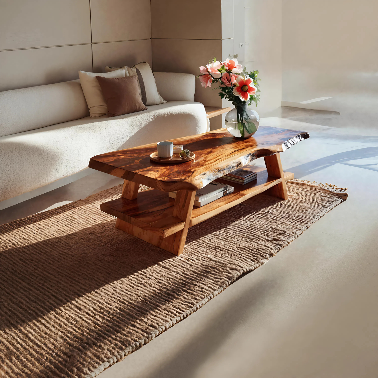 Handcrafted Coffee Table Live Edge And Lower Shelf For Living