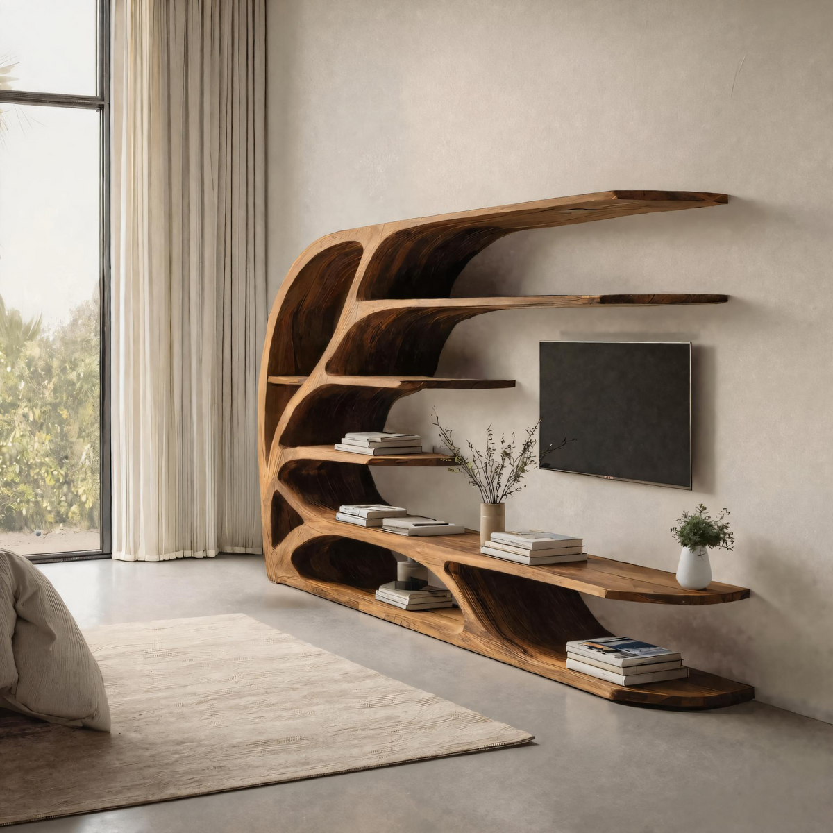 Modern Sculptural Wavy Carved Media Console For Living Room – ET Woodcrafts