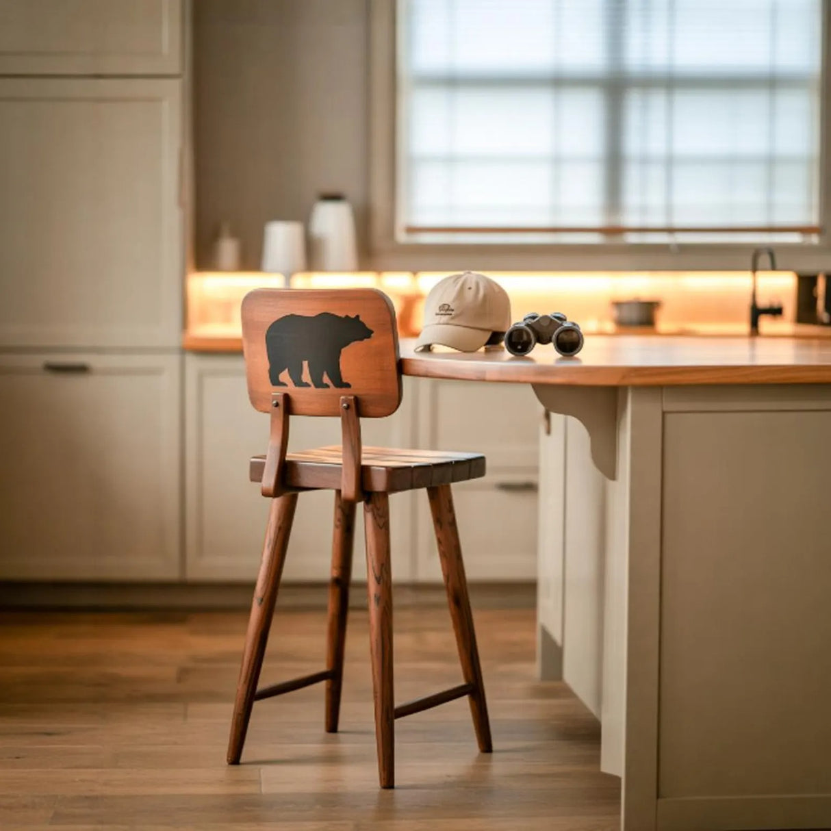 Rustic Bear Backrest Bar Stool For Kitchen Island Seating