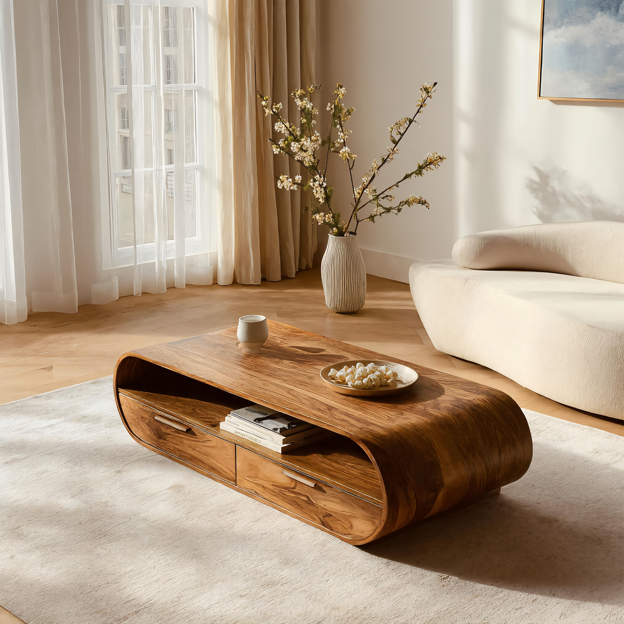 Modern Coffee Table Curved Storage Design For Living Room