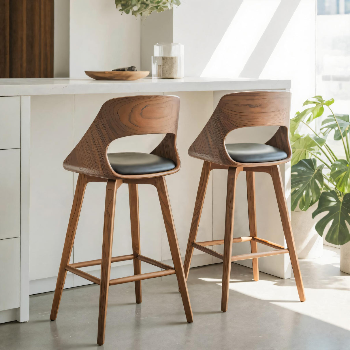 Mid Century Modern Bar Stool with Backrest For Kitchen Home Bar
