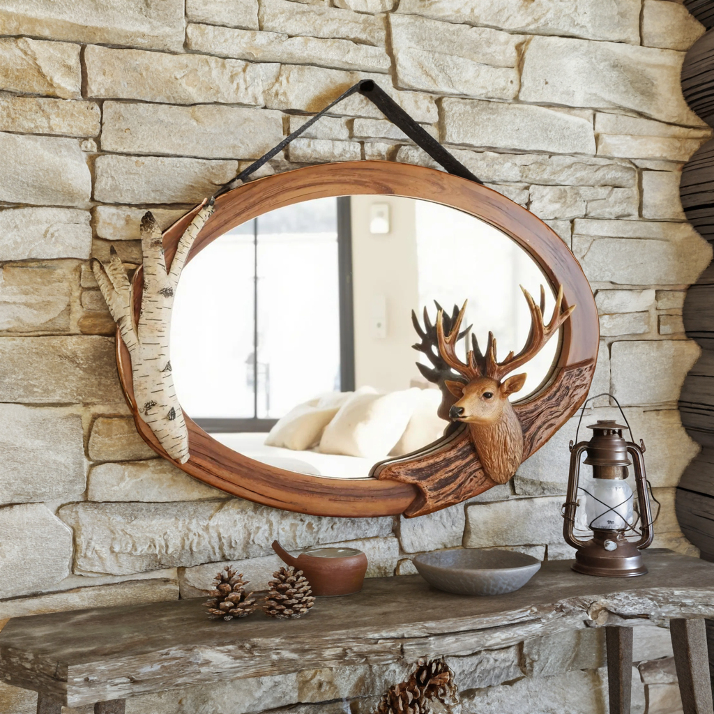 Rustic Oval Deer Mirror For Lodge Cabin Decor