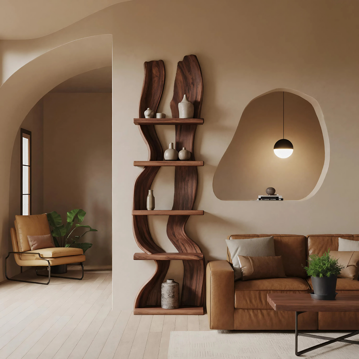 Modern Rustic Standing Shelf With Curved Silhouette For Living Room