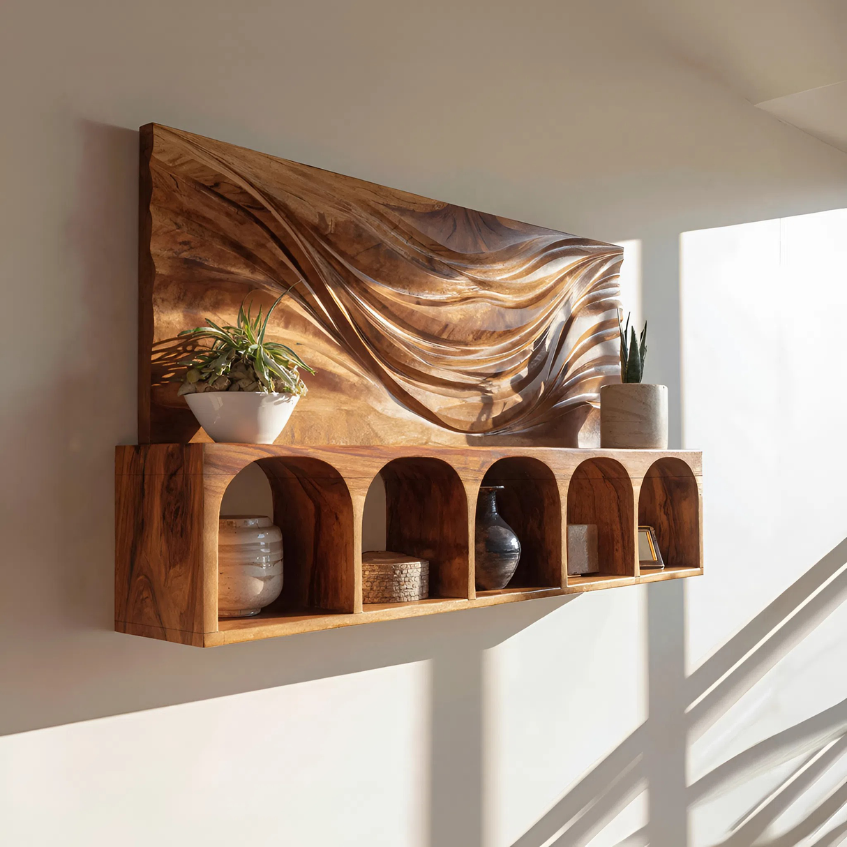 Mid Century Natural Wood Wall Storage Shelf For Kitchen Display