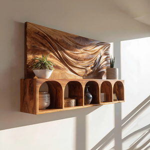 Mid Century Natural Wood Wall Storage Shelf For Kitchen Display