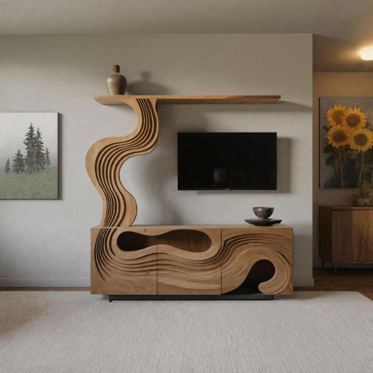 Sculptural TV Console With Wave Layers Entertainment Cabinet For Living Room And Media Wall