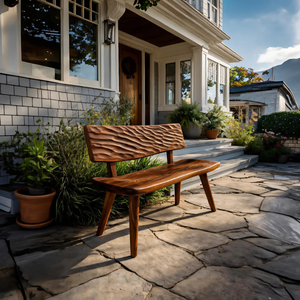 Modern Outdoor Wood Bench With Carved Backrest For Patio