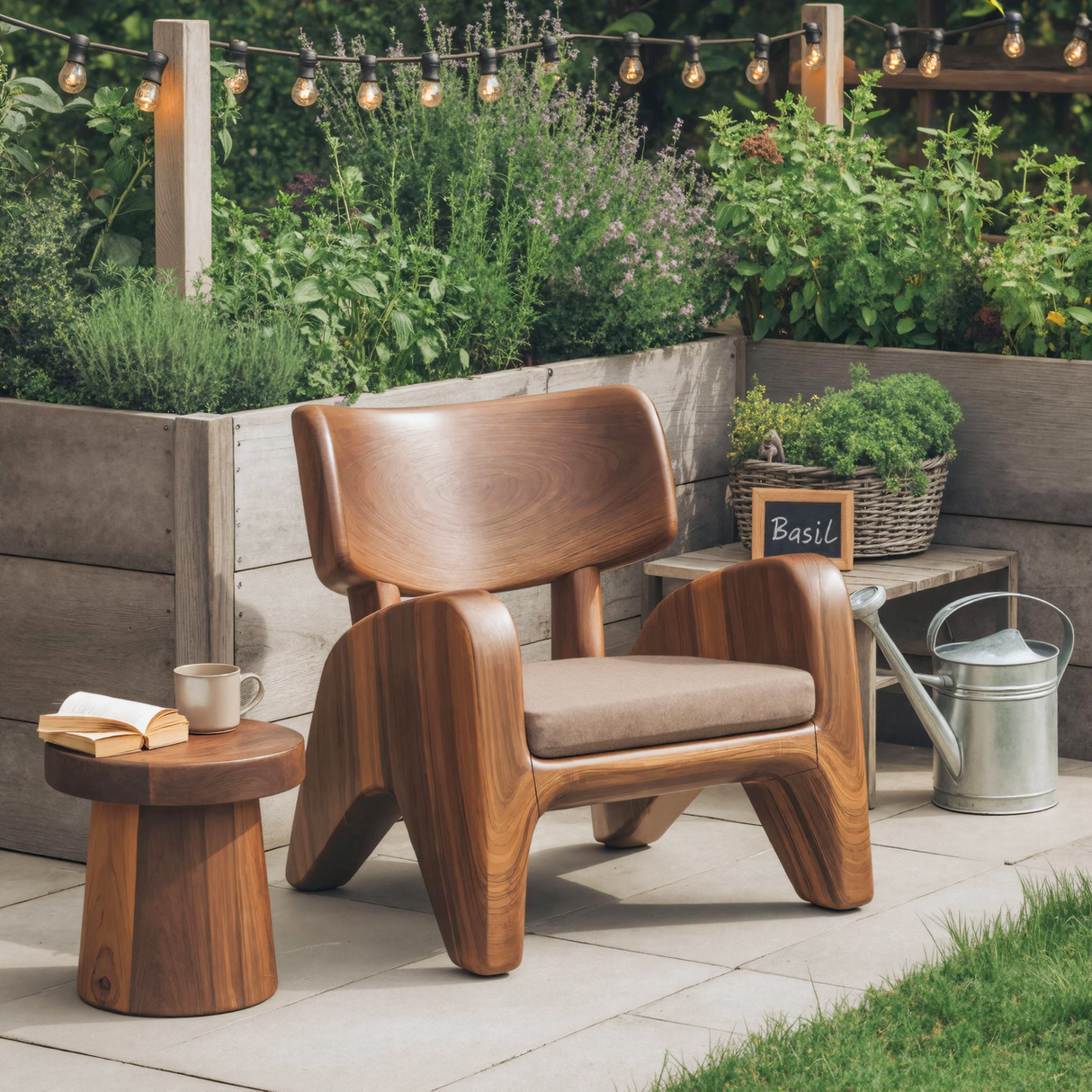 Contemporary Wooden Lounge Chair With Cushion For Garden Or Reading Nook