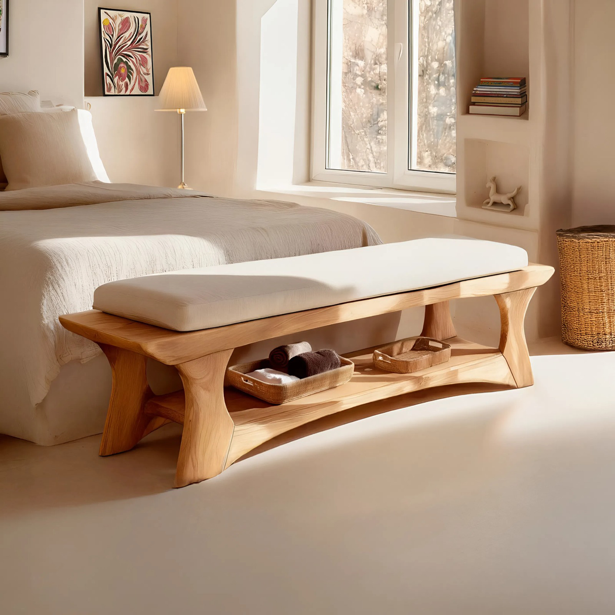 Minimalist Curved Wood Bench For End-of-Bed Design