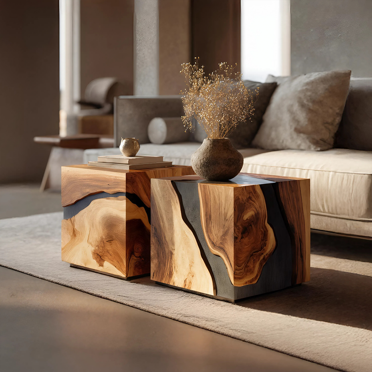 Mid Century Wooden Cube Coffee Table For Entryway Decor