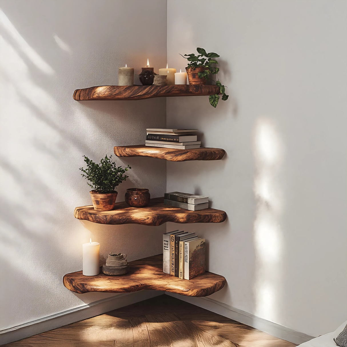 Mid Century Wooden Live Edge Corner Shelf For Living Room Decor