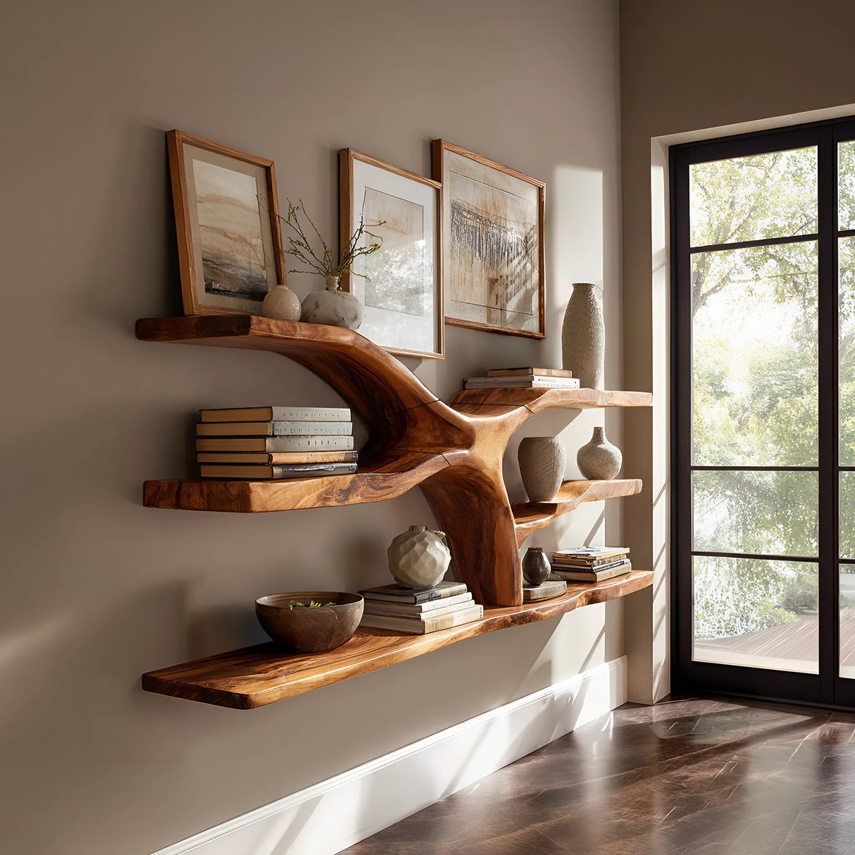 Mid Century Wooden Wall Mounted Bookshelf For Office Library