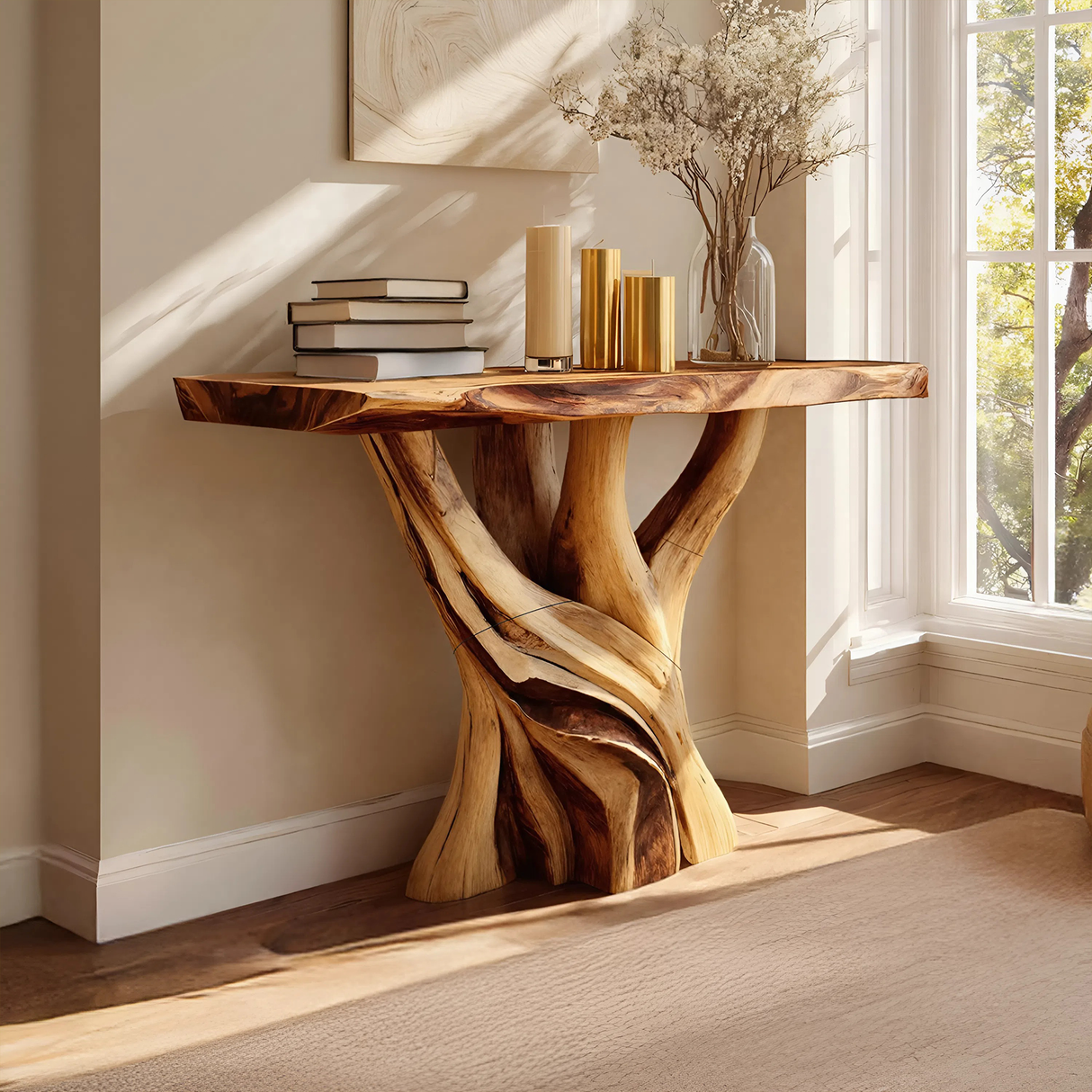 Handcrafted Solid Wood Console Table Sculptural Live Edge For Living Room