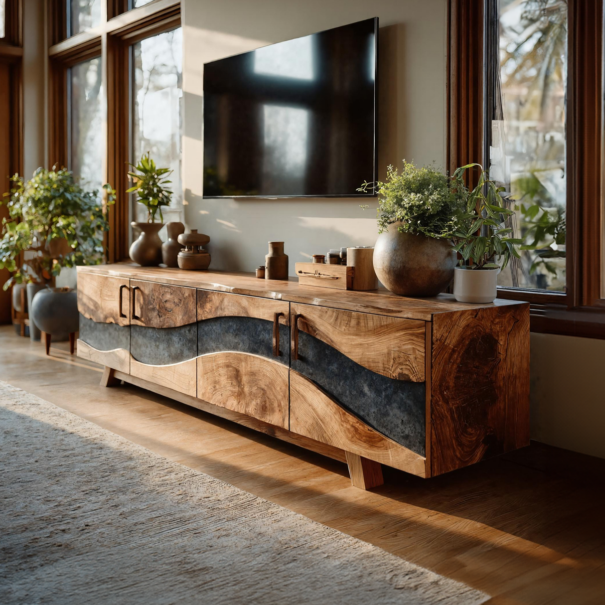 Mid Century Wooden Live Edge TV Stand For Living Room Decor