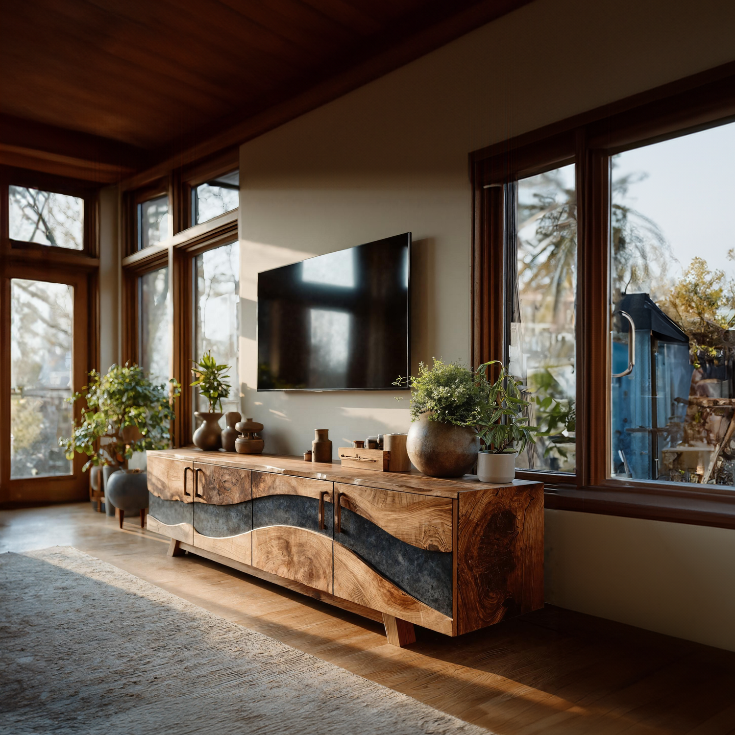 Mid Century Wooden Live Edge TV Stand For Living Room Decor